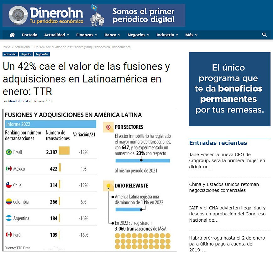 Un 42% cae el valor de las fusiones y adquisiciones en Latinoamrica en enero:TTR